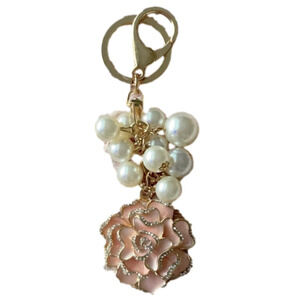 PINK HEAVY ALLOY CAMILLA FLOWER W/RHINESTONES AND PEARLS KEYCHAIN PUR…